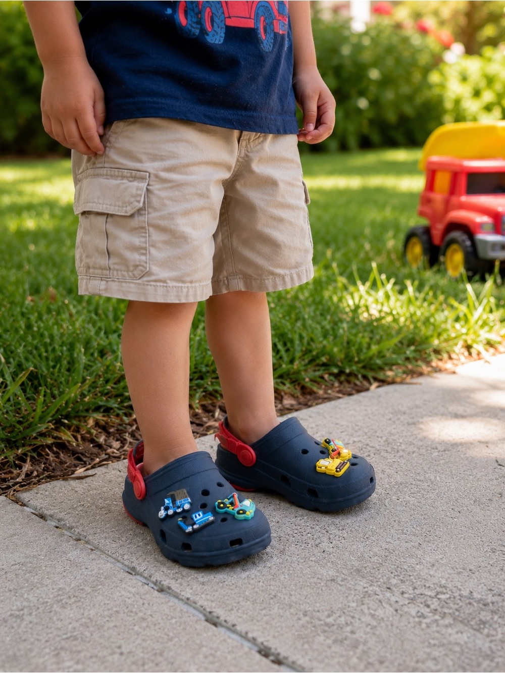 Crocs Kids C11 Preschool Classic Clogs Navy Red Construction Jibbitz Charms Shoe